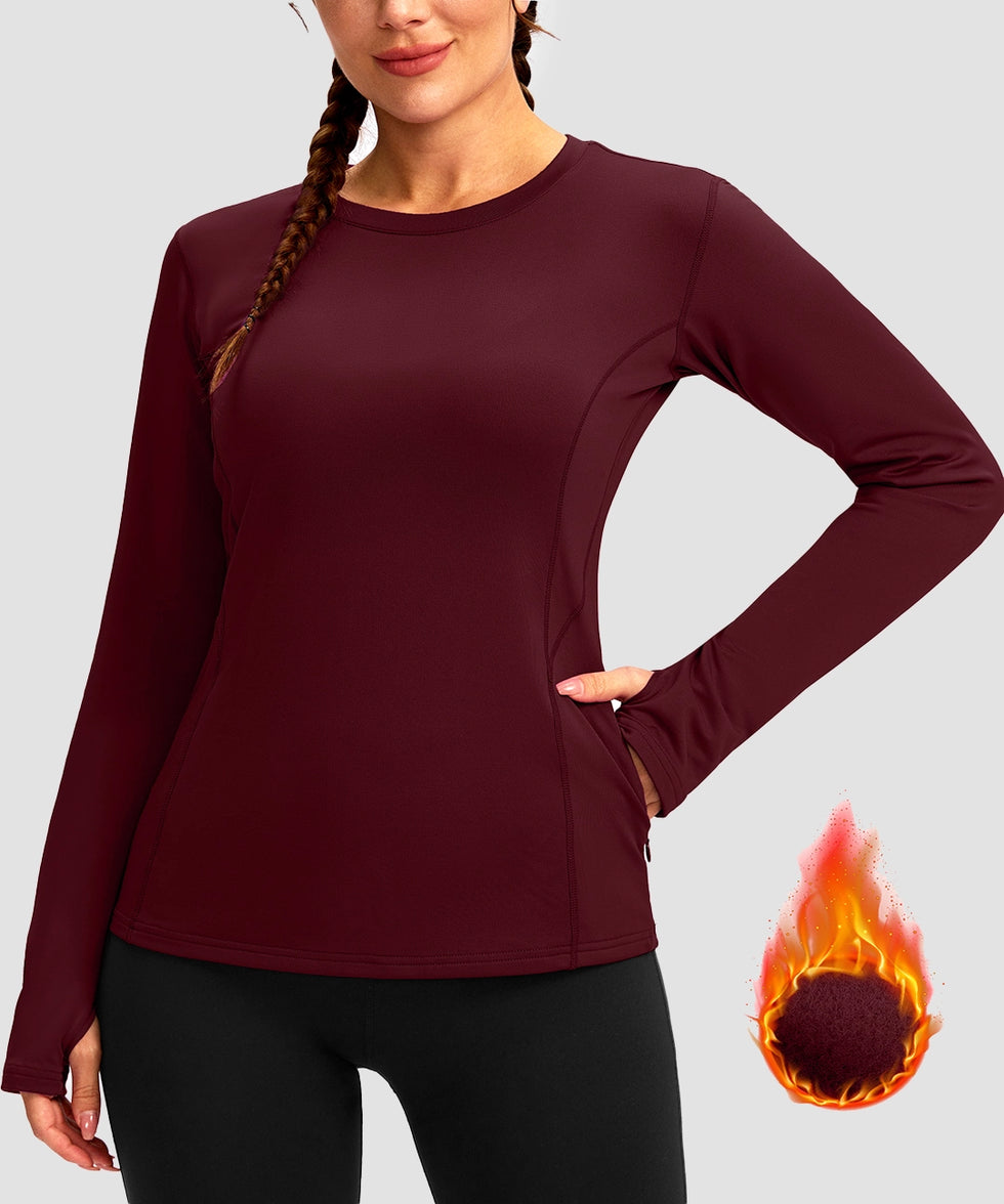 women's fleece zipper pockets base layer in wine - zipper pocket detail view