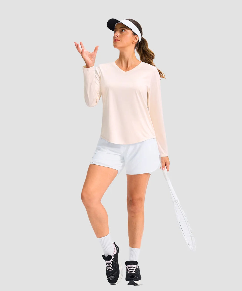 women's g-drykit™ v-neck athletic long sleeve in beige - matching outfits view