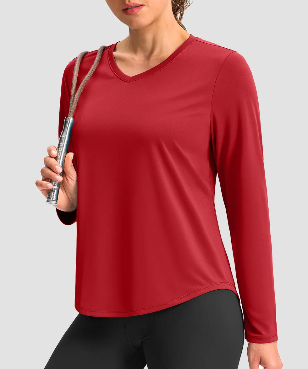 women's g-drykit™ v-neck athletic long sleeve in dark red - front view