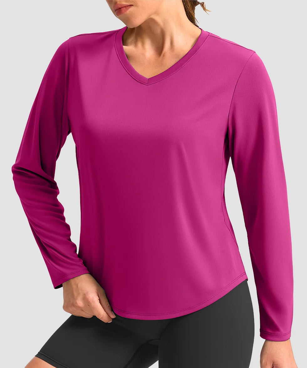 women's g-drykit™ v-neck athletic long sleeve in fuchsia purple - front view