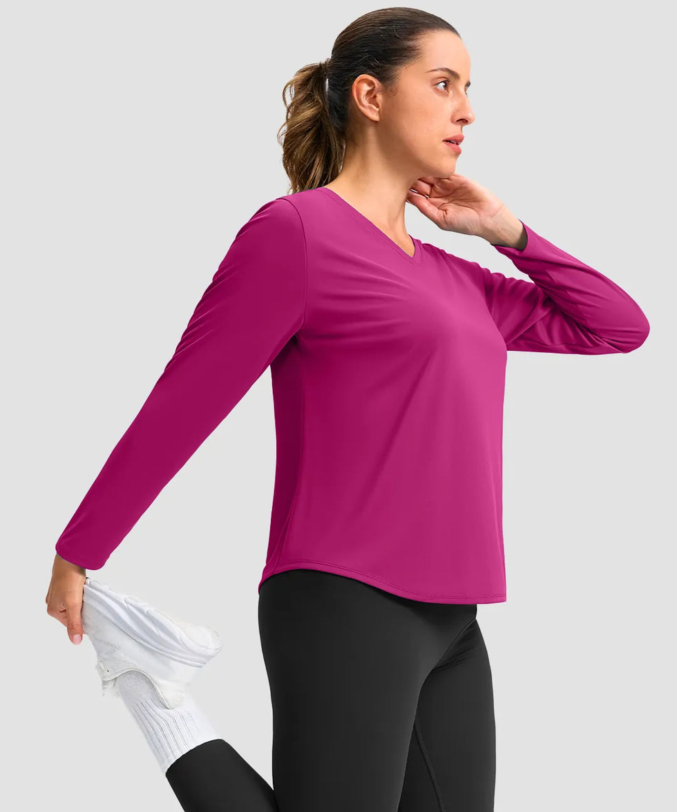 women's g-drykit™ v-neck athletic long sleeve in fuchsia purple - side view