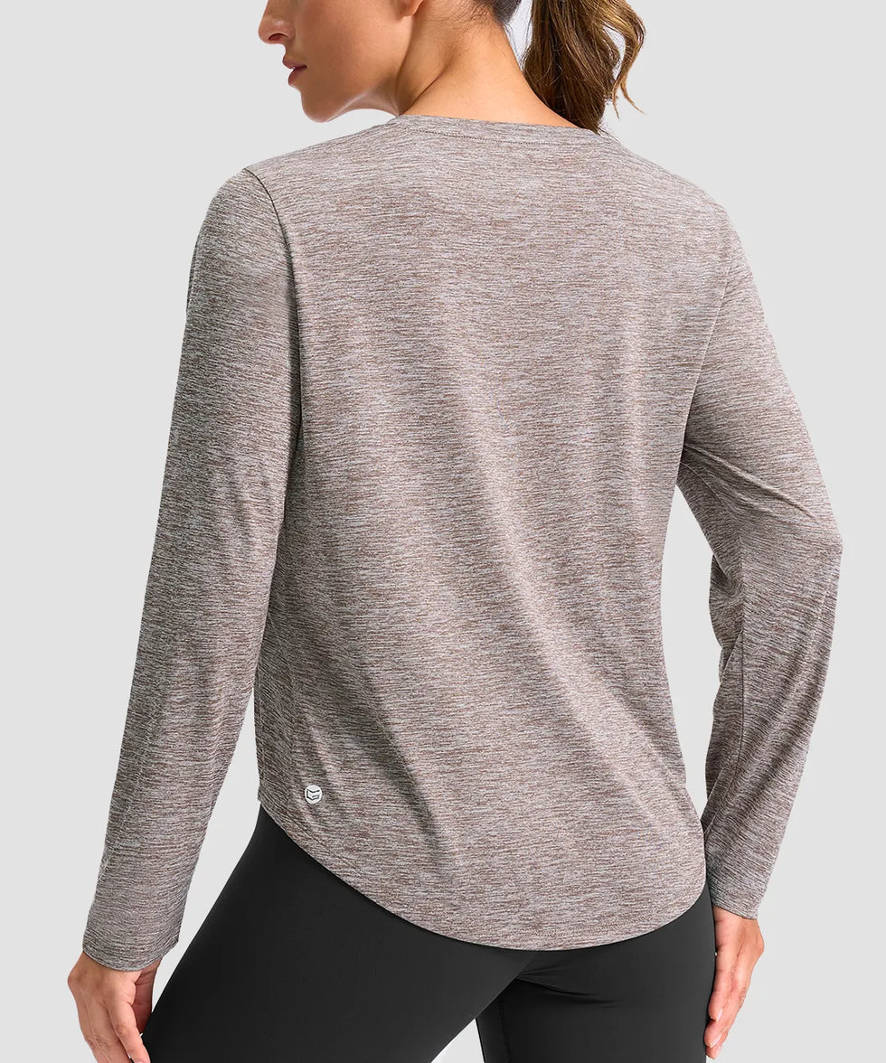 women's g-drykit™ v-neck athletic long sleeve in heather tea brown - back view