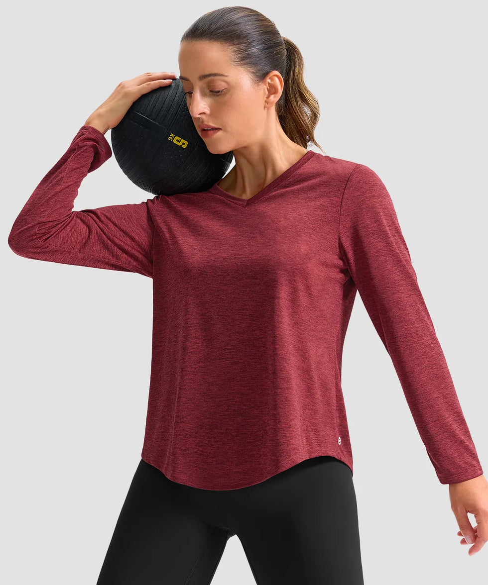 women's g-drykit™ v-neck athletic long sleeve in heather wine - side view