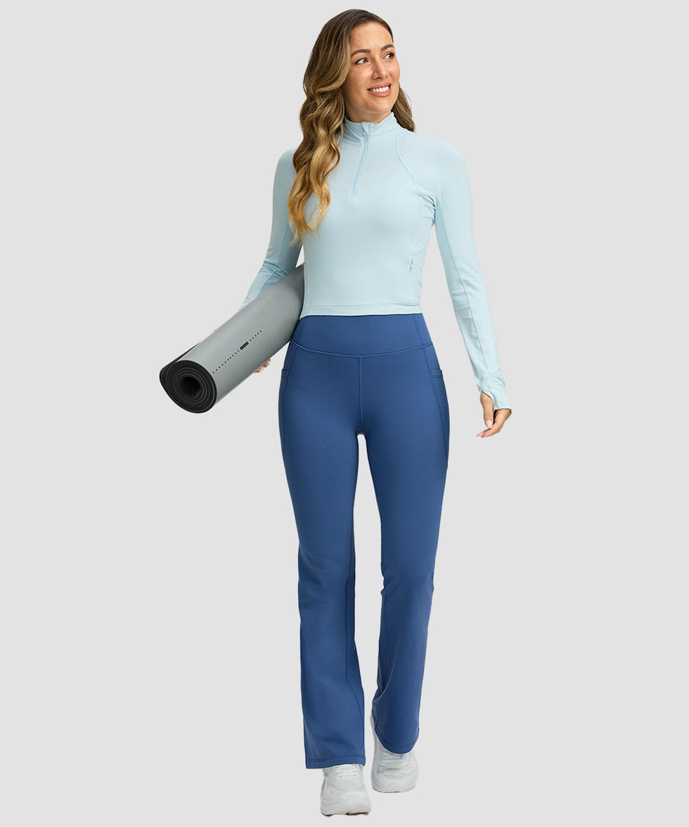 women's hermal with pockets flare leggings in blue - front view