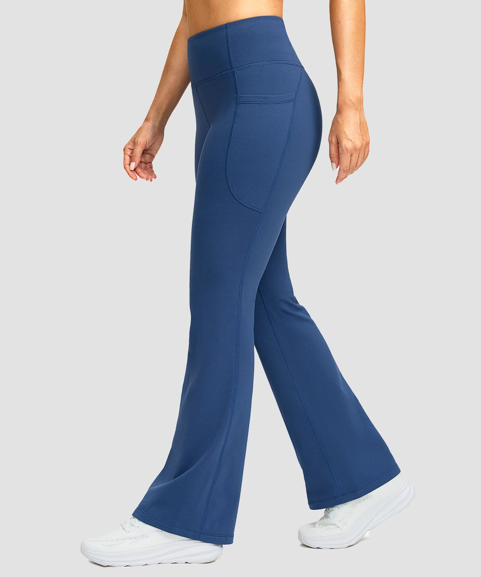 women's hermal with pockets flare leggings in blue - side view