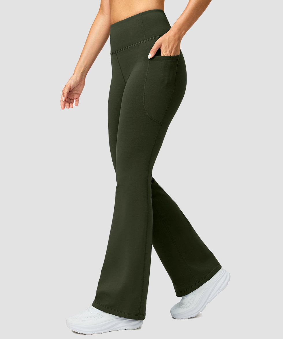 women's hermal with pockets flare leggings in olive green - side view