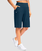 women's high rise bermuda shorts 12'' in dark green - front view