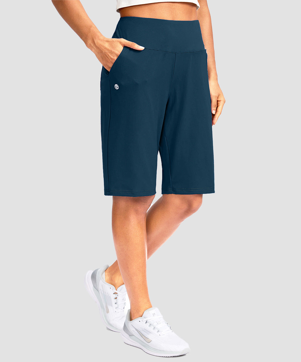 women's high rise bermuda shorts 12'' in dark green - front view