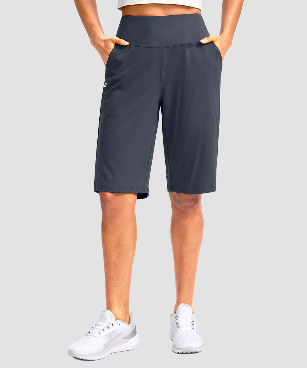 women's high rise bermuda shorts 12'' in dusty blue - front view