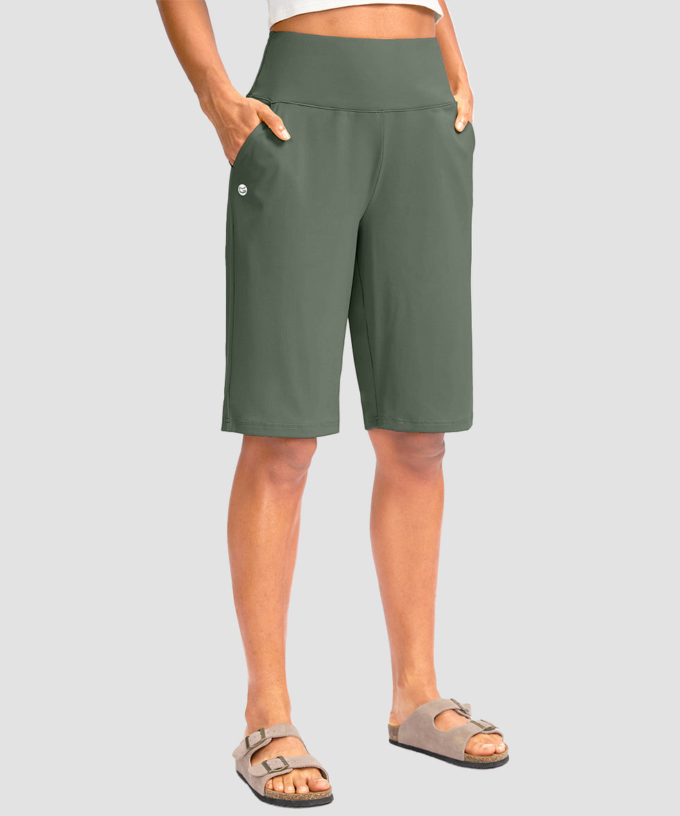 women's high rise bermuda shorts 12'' in sage green - front view
