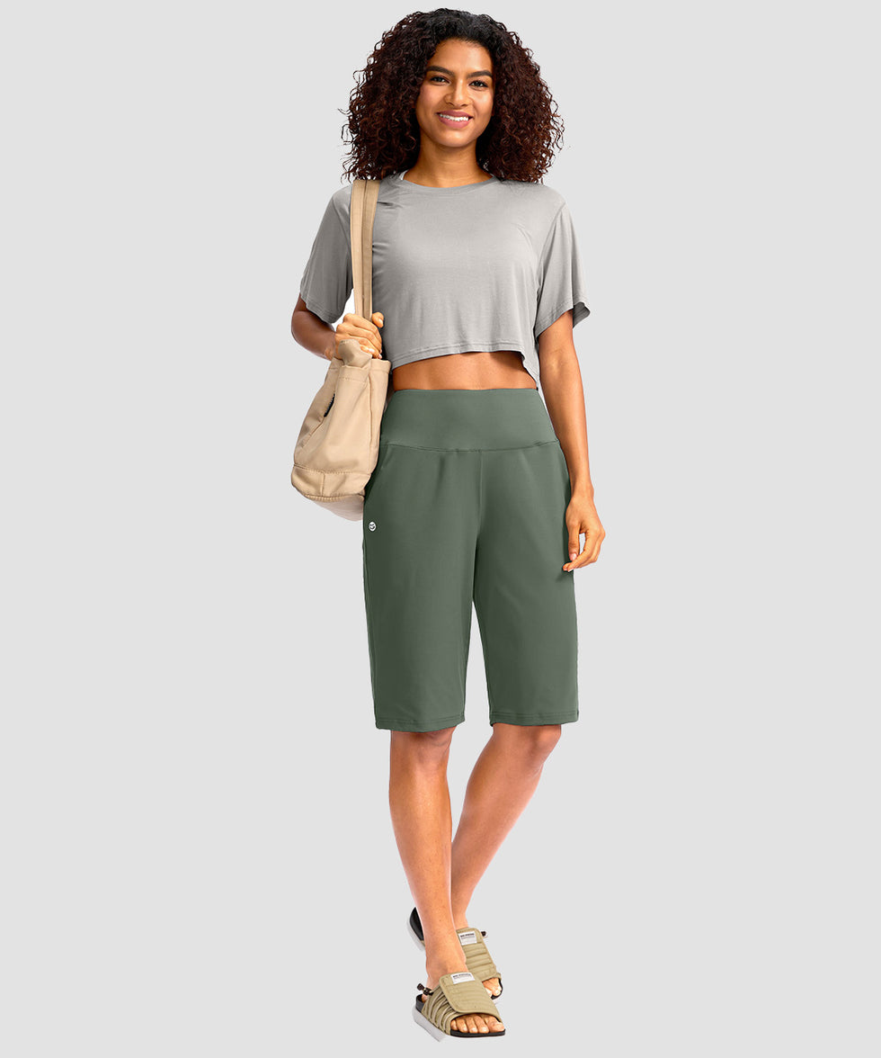 women's high rise bermuda shorts 12'' in sage green - matching outfits view