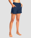 women's high rise slit with pockets shorts 3'' in dark blue - front view