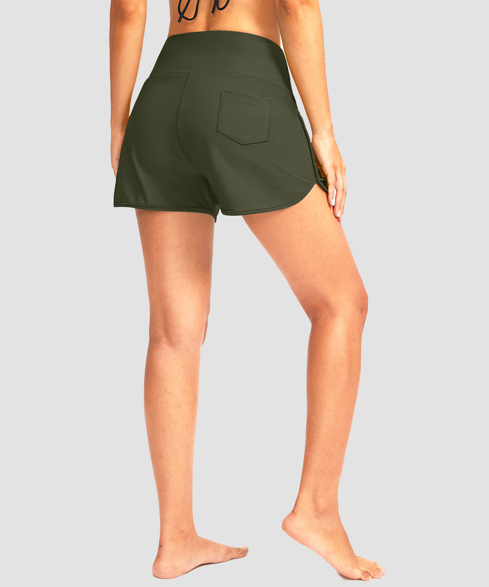 women's high rise slit with pockets shorts 3'' in olive green - back view