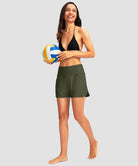 women's high rise slit with pockets shorts 3'' in olive green - matching outfits view