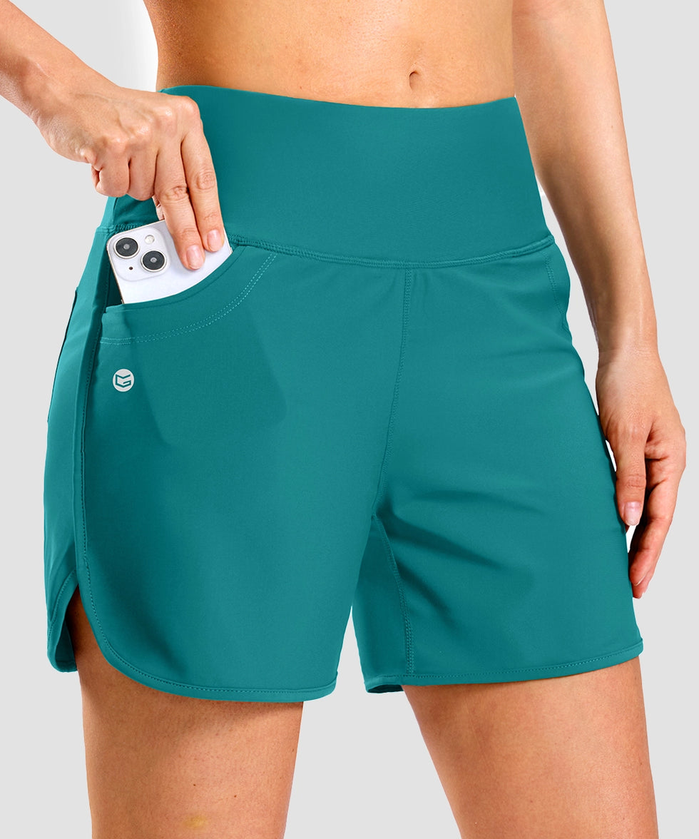 women's high rise slit with pockets shorts 5'' in aqua blue - pocket detail view