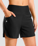 women's high rise slit with pockets shorts 5'' in black - pocket detail view