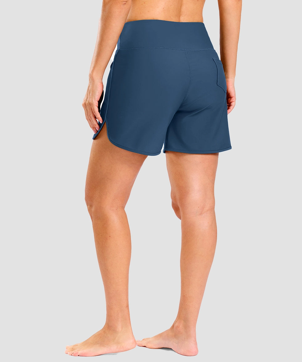 women's high rise slit with pockets shorts 5'' in dark blue - back view