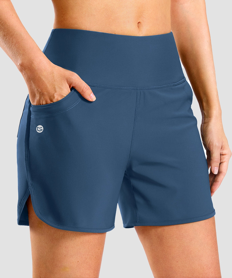 women's high rise slit with pockets shorts 5'' in dark blue - front view