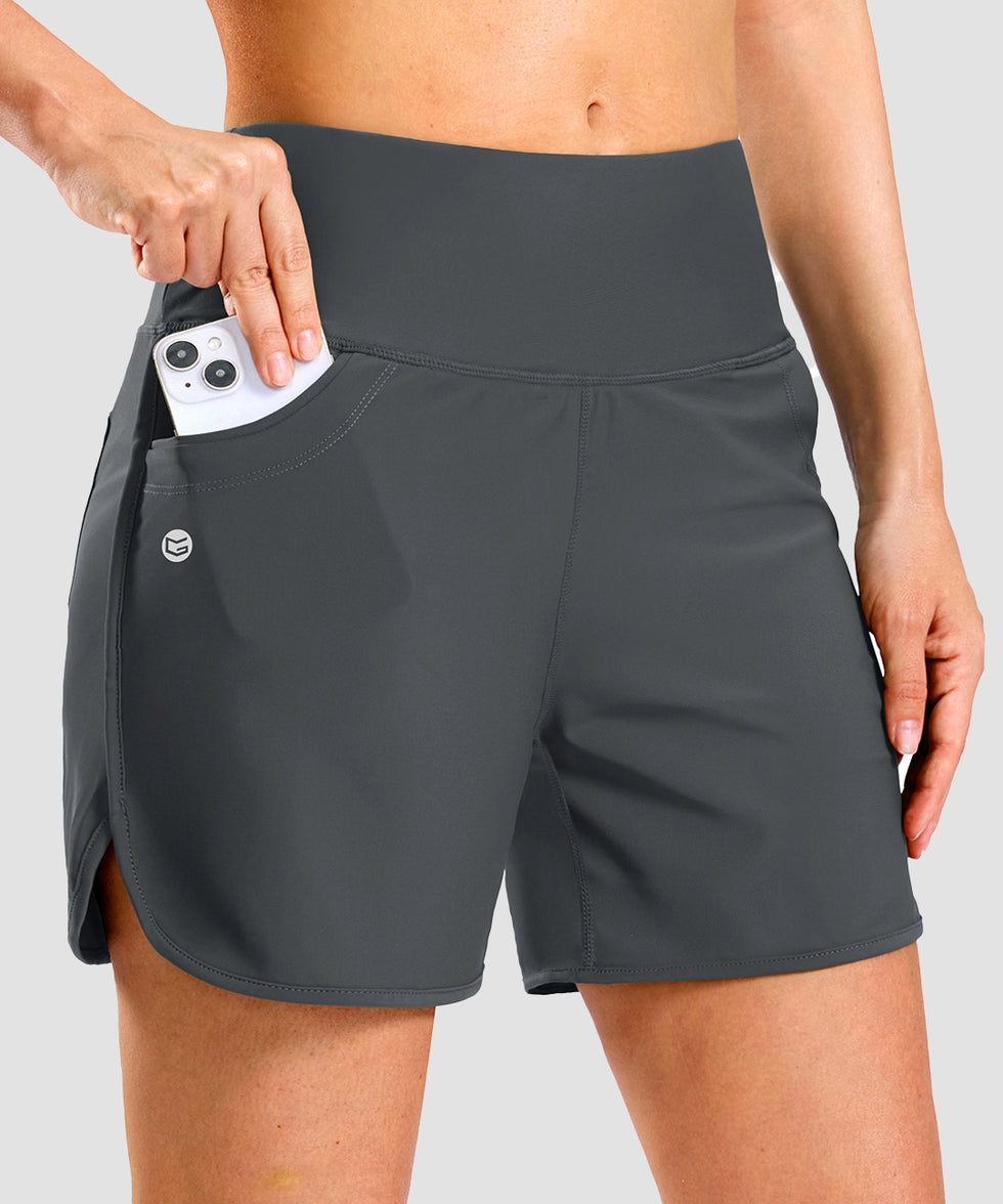 women's high rise slit with pockets shorts 5'' in dark gray - pocket detail view