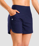 women's high rise slit with pockets shorts 5'' in navy - pocket detail view
