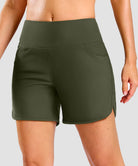women's high rise slit with pockets shorts 5'' in olive green - front view