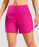 women's high rise slit with pockets shorts 5'' in rosy - front view