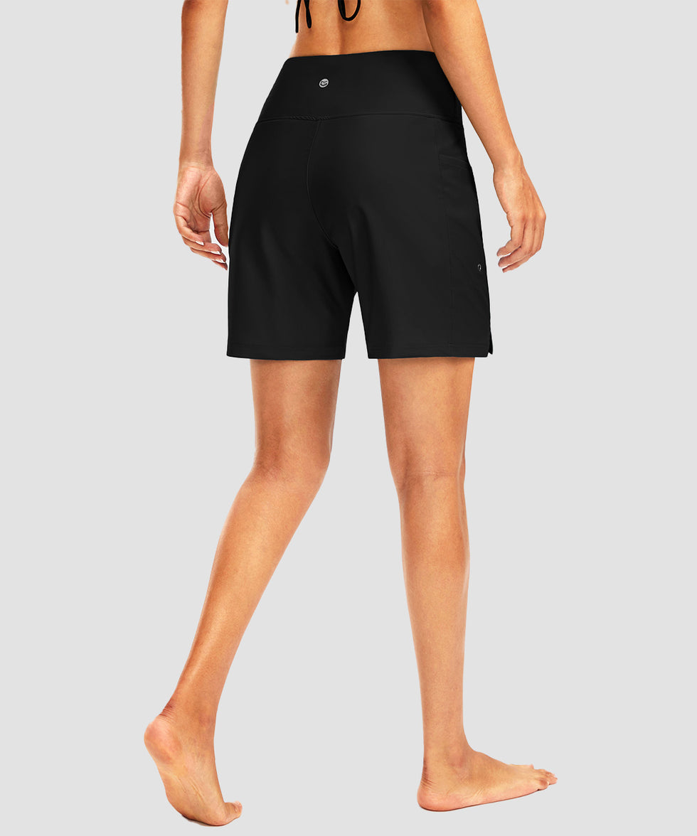 women's high waist lined swim shorts 7'' in black - back view