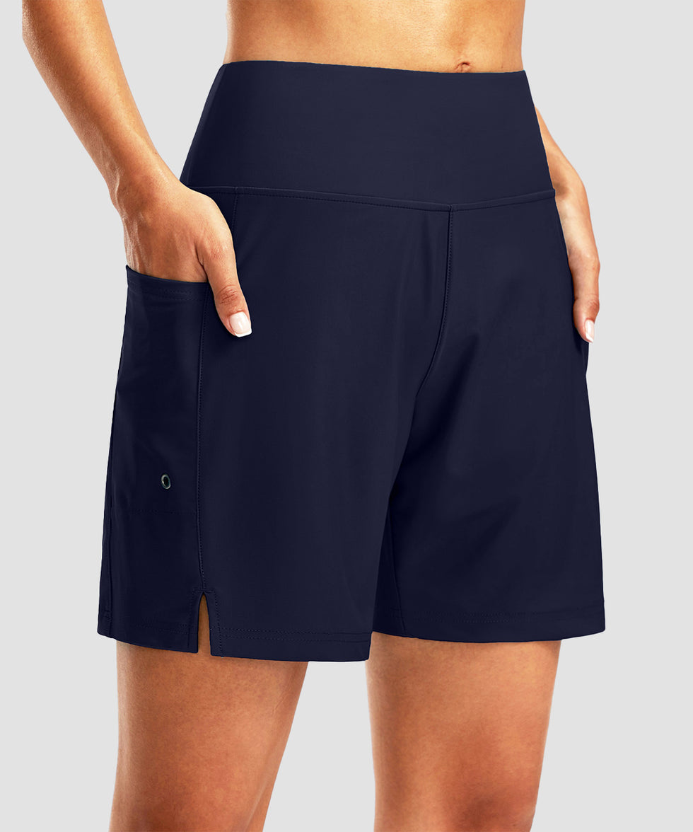 women's high waist lined swim shorts 7'' in dark blue - front view