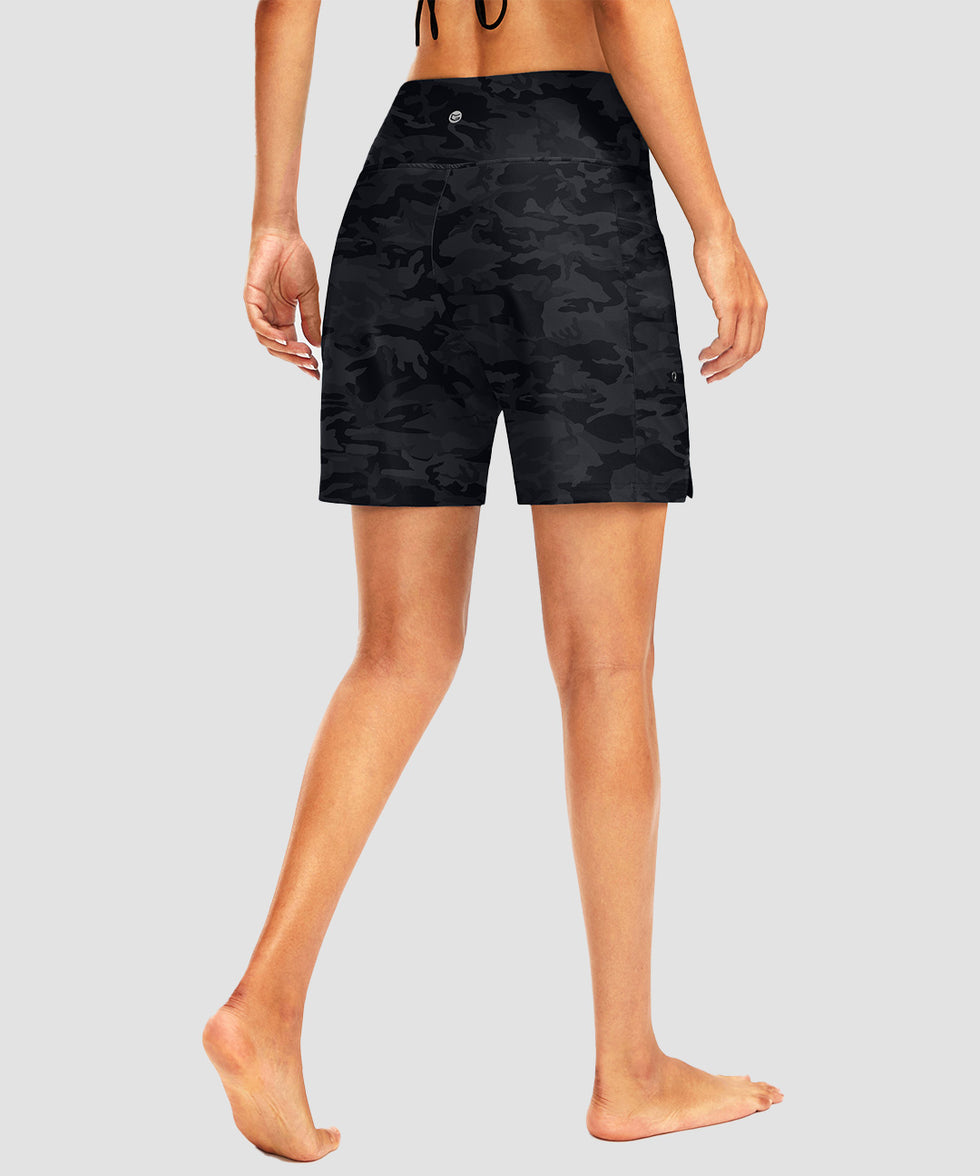 women's high waist lined swim shorts 7'' in gray camo - back view