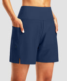women's high waist lined swim shorts 7'' in navy - pocket detail view