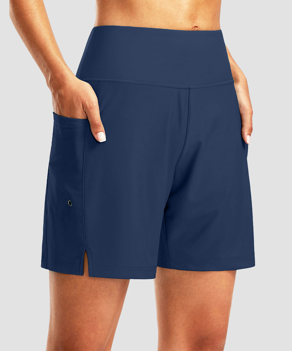 women's high waist lined swim shorts 7'' in navy - pocket detail view