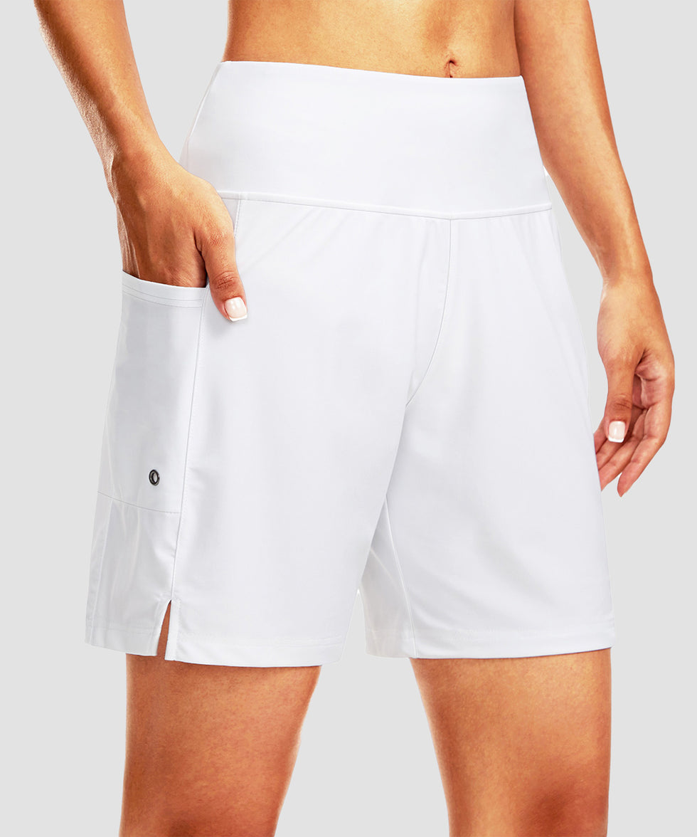women's high waist lined swim shorts 7'' in white - pocket detail view