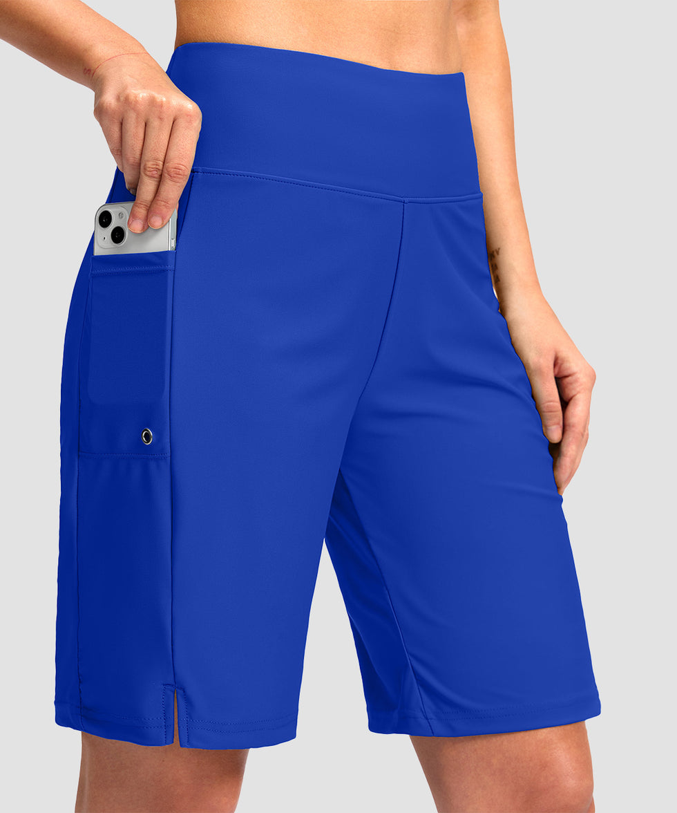 women's high waist lined swim shorts 9' in blue - front view