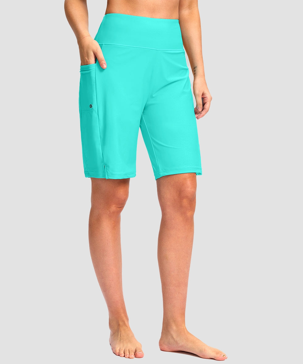 women's high waist lined swim shorts 9' in cyan - side view