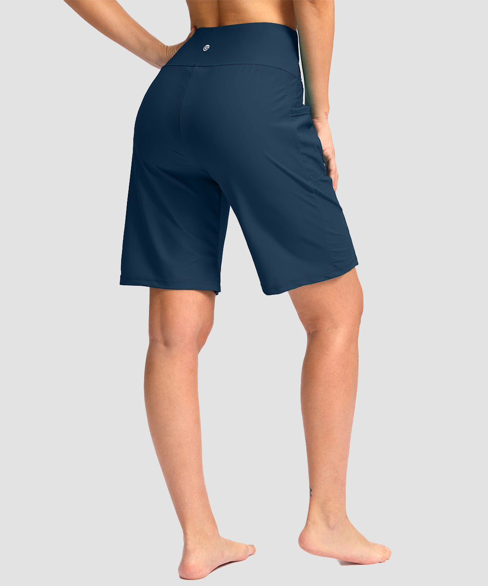 women's high waist lined swim shorts 9' in dark blue - back view