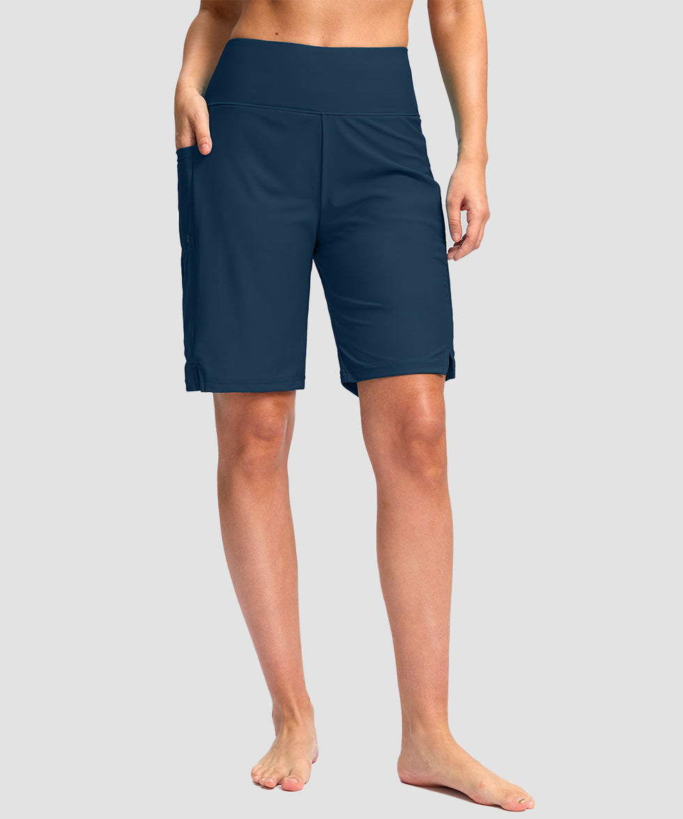 women's high waist lined swim shorts 9' in dark blue - front view
