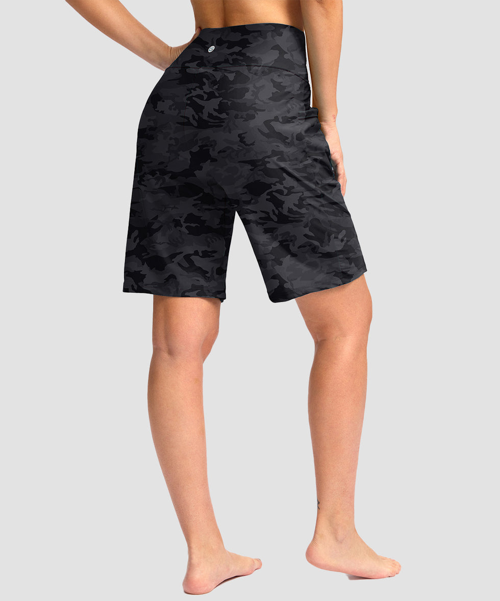 women's high waist lined swim shorts 9' in gray camo - back view