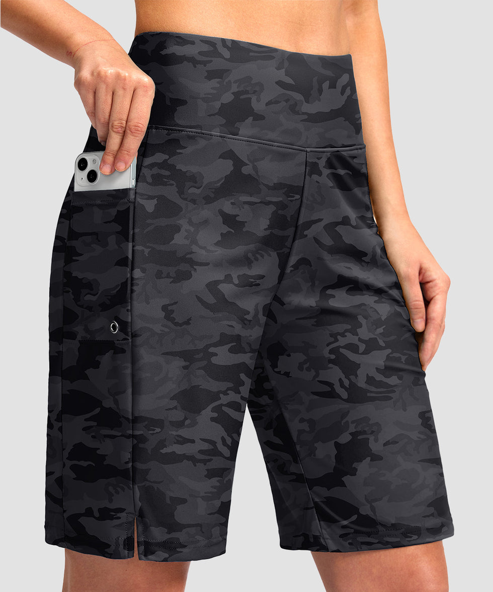 women's high waist lined swim shorts 9' in gray camo - front view