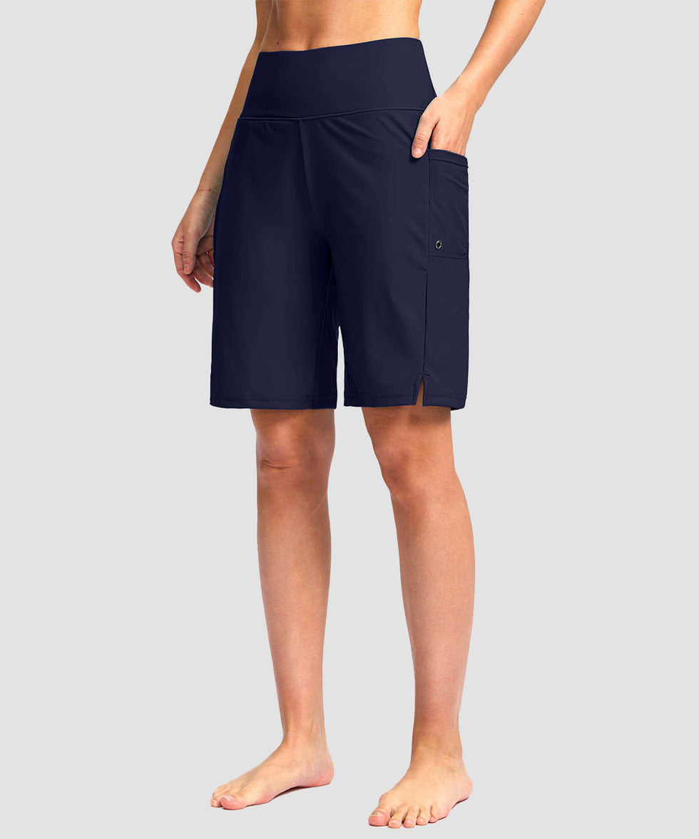 women's high waist lined swim shorts 9' in navy - side view