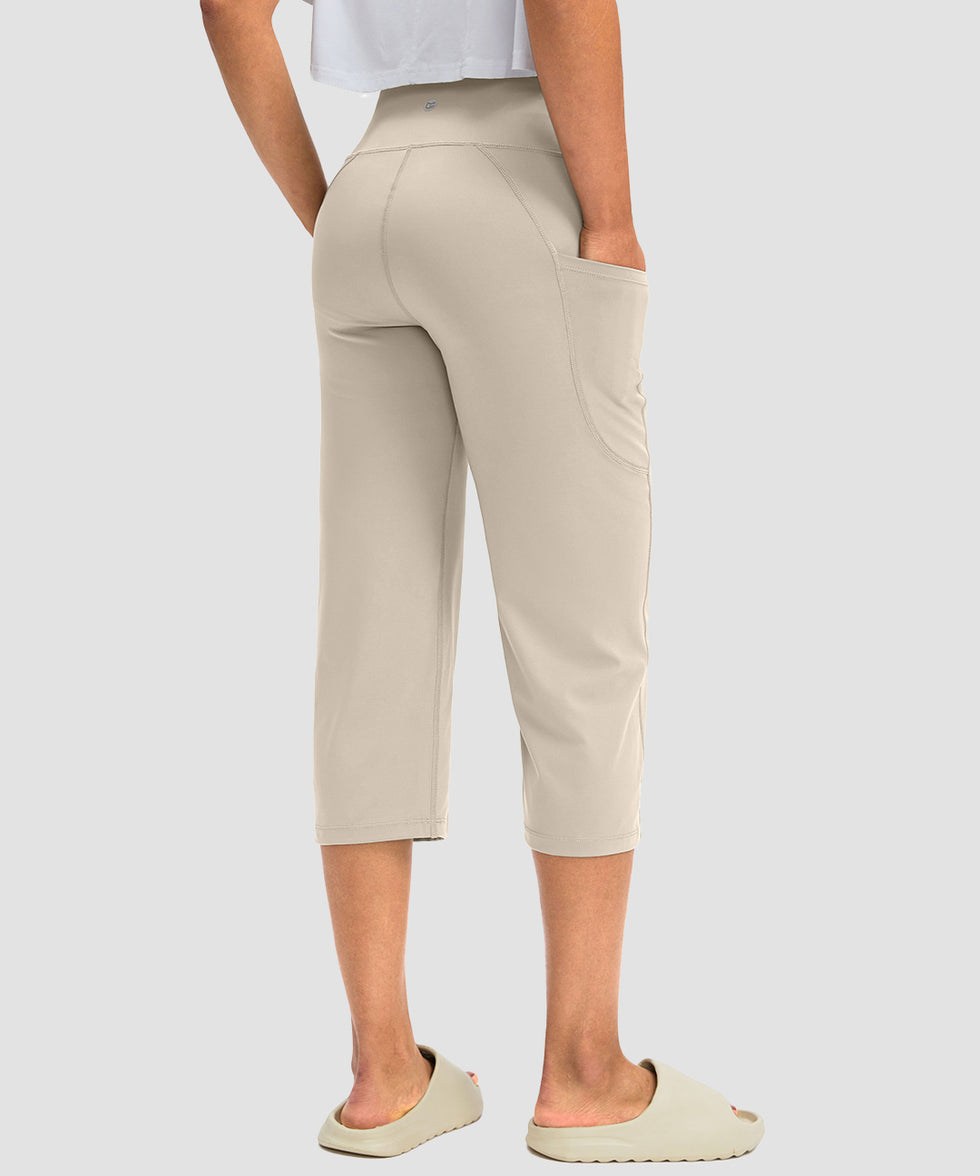 women's high waist straight capris in beige - back view