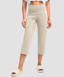 women's high waist straight capris in beige - pocket detail view