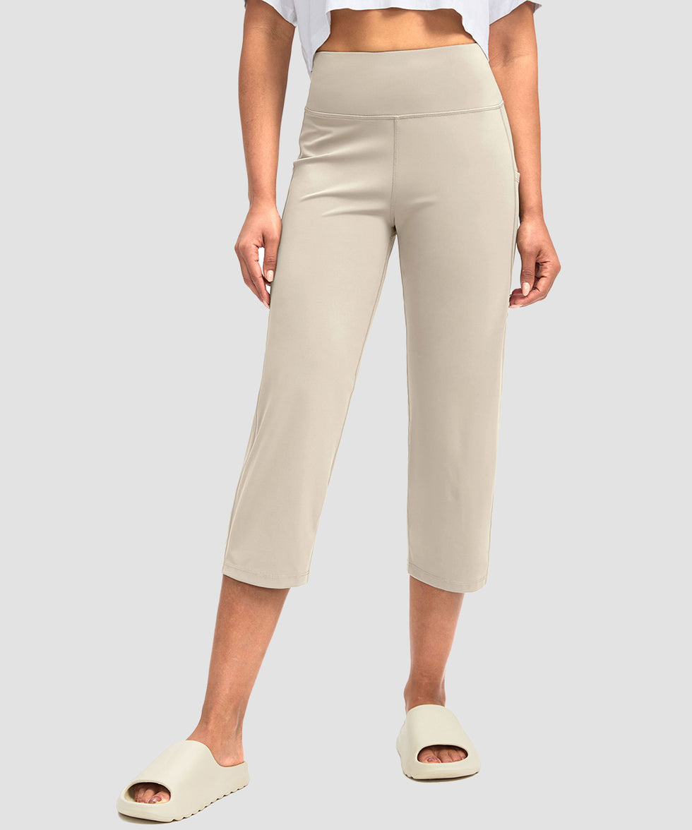 women's high waist straight capris in beige - pocket detail view