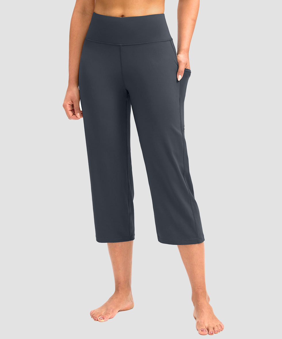 women's high waist straight capris in dusty blue - pocket detail view