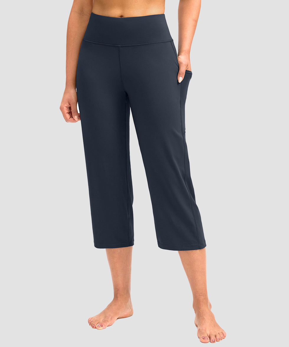 women's high waist straight capris in navy - front view
