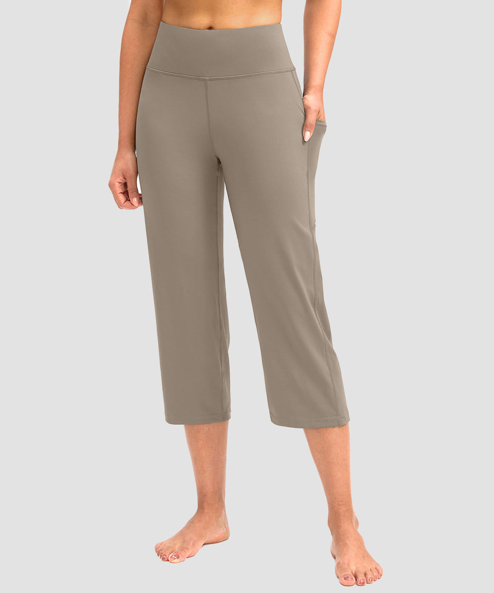 women's high waist straight capris in taupe - pocket detail view