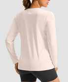 women's hip-length workout long sleeve in beige - back view