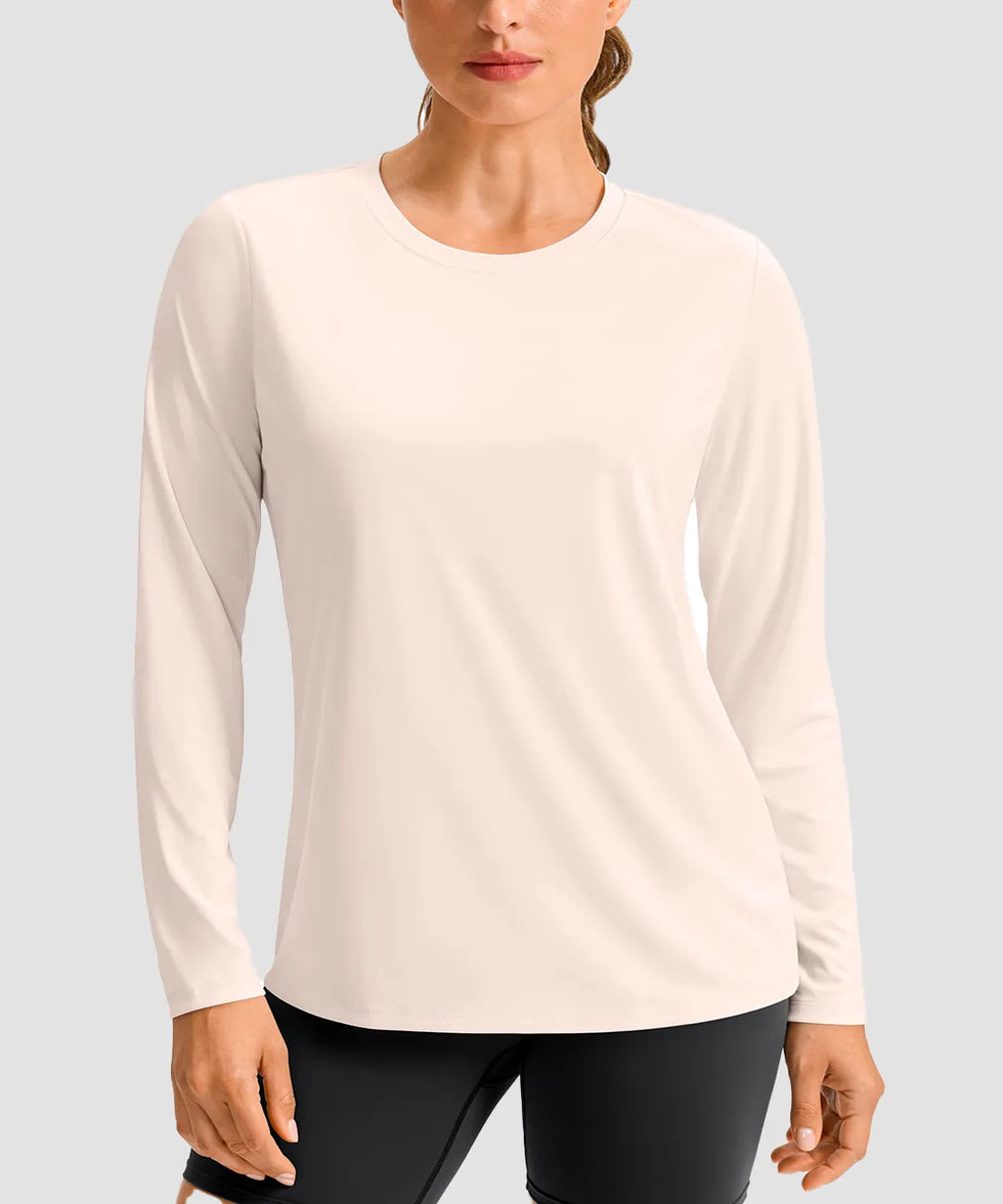 women's hip-length workout long sleeve in beige - front view