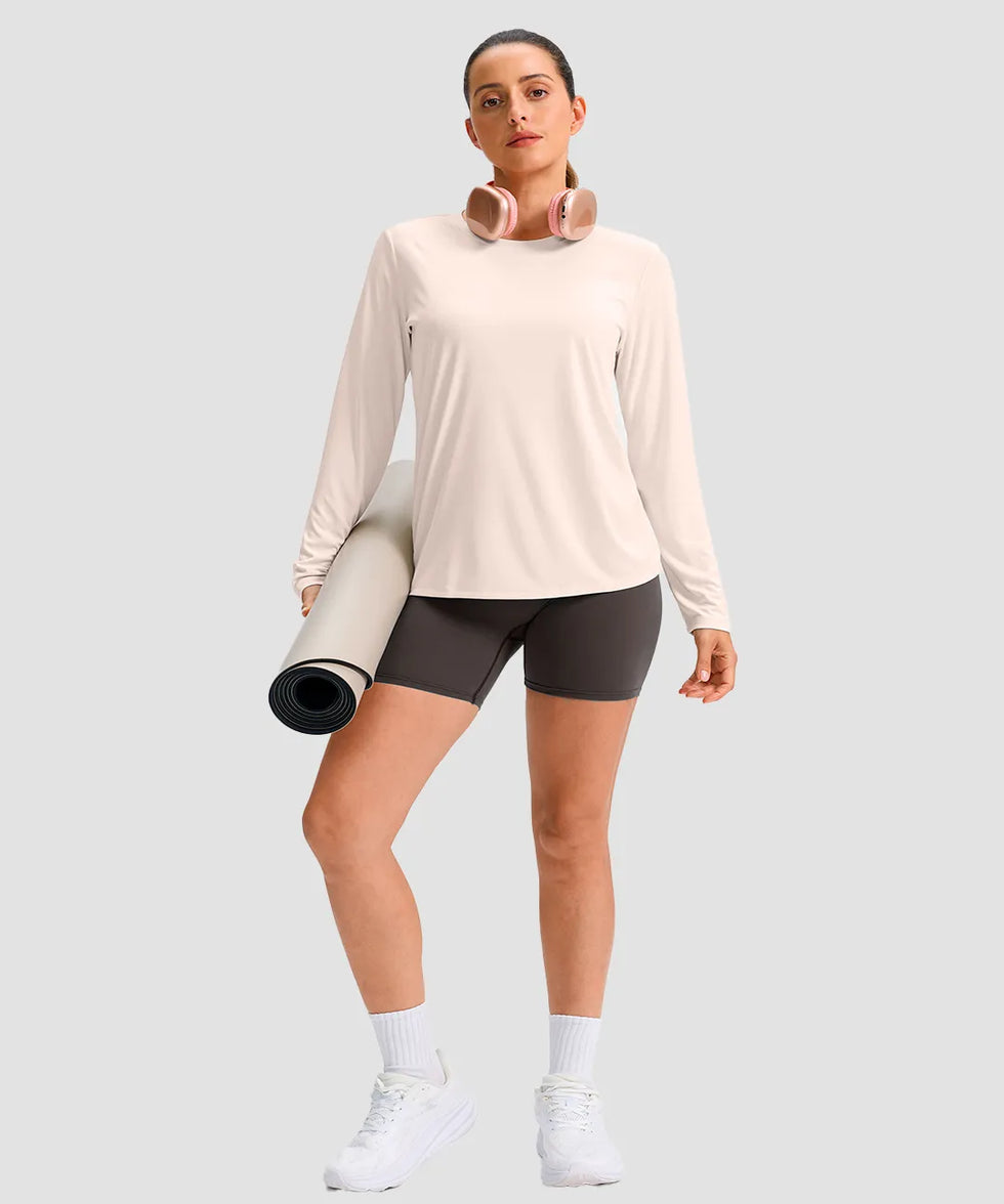 women's hip-length workout long sleeve in beige - side view