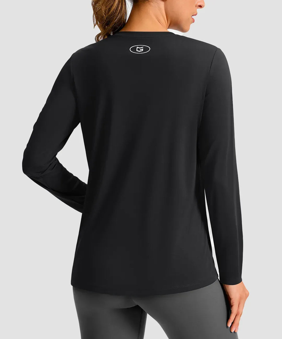 women's hip-length workout long sleeve in black - back view