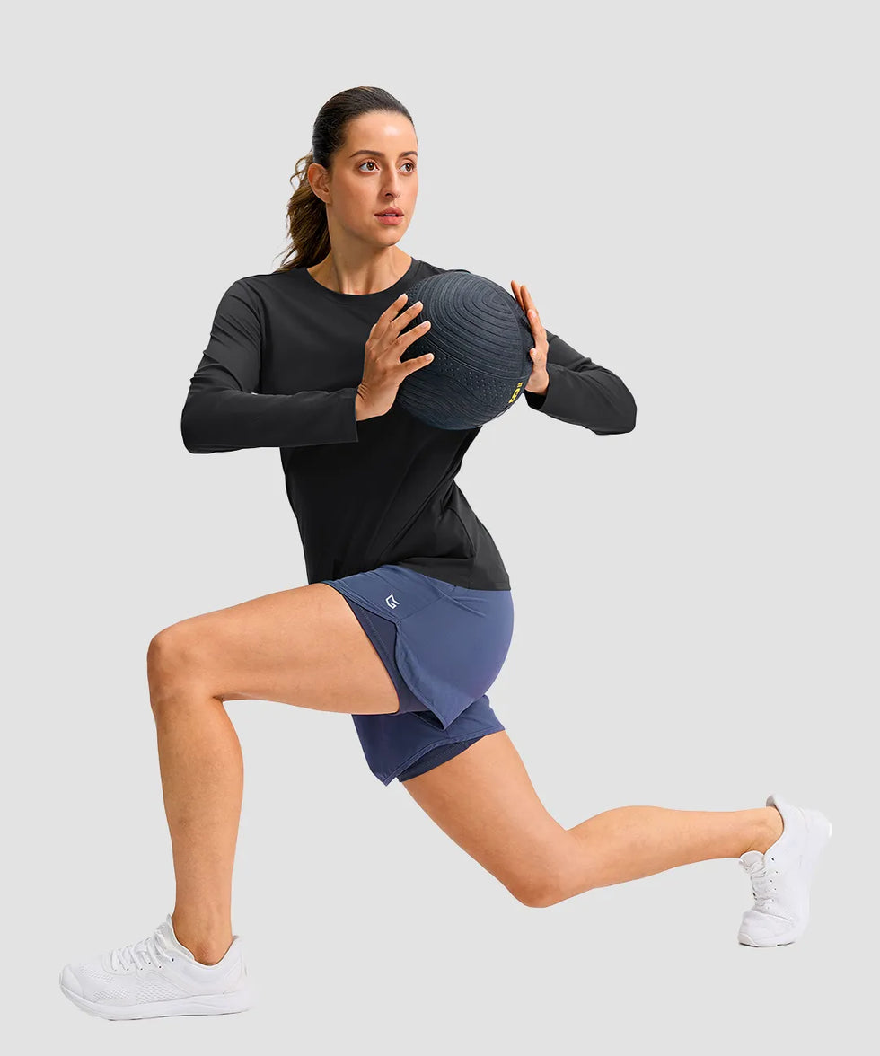 women's hip-length workout long sleeve in black - side view
